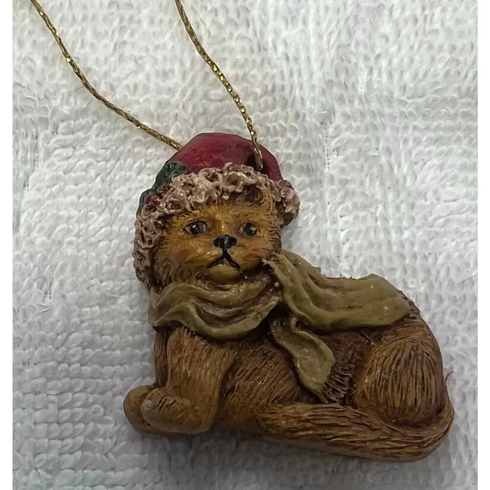 Sherry McNeil Signed Christmas Ornament Lot of 2 Teddy Bear & Cat 90s  Folk Art